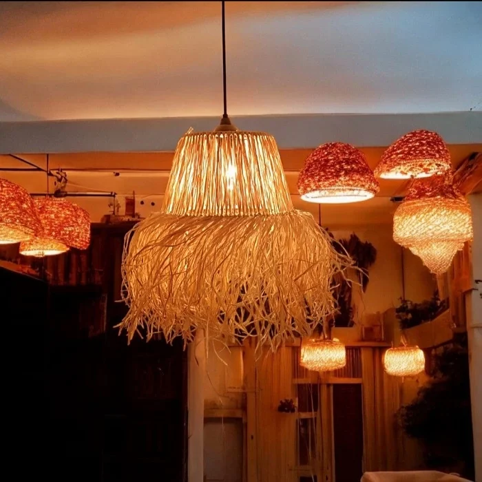 Hasır Doğal Saçaklı 30 Cm Çap Dekoratif Rafya Avize