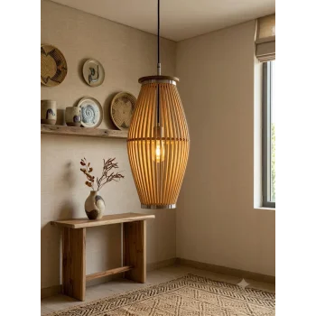 Doğal Ahşap Bambu El Yapımı Sarkıt Avize - Rustik Tasarım 40 cm