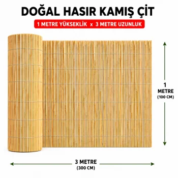 Doğal Hasır Kamış Çit - 1 Metre Yükseklik x 3 Metre Uzunluk (Bahçe ve Balkon Gölgelik)