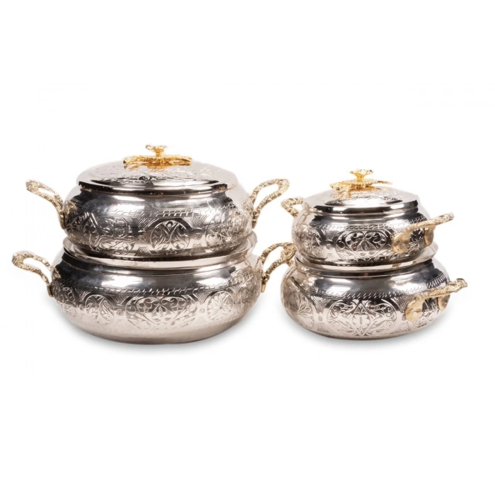 Coppergreat Bakır El Oyması Florium Gümüş Renk Dörtlü Tencere Seti