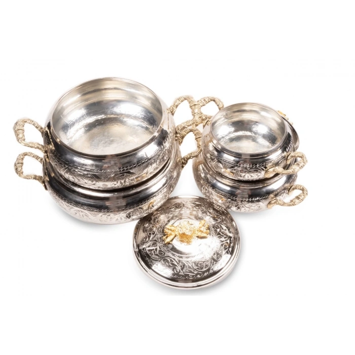 Coppergreat Bakır El Oyması Florium Gümüş Renk Dörtlü Tencere Seti