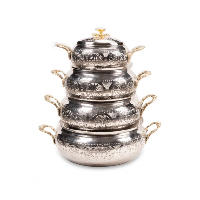 Coppergreat Bakır El Oyması Florium Gümüş Renk Dörtlü Tencere Seti