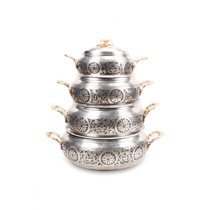 Coppergreat Bakır El Oyması Florium Mat Beyaz Dörtlü Tencere Seti