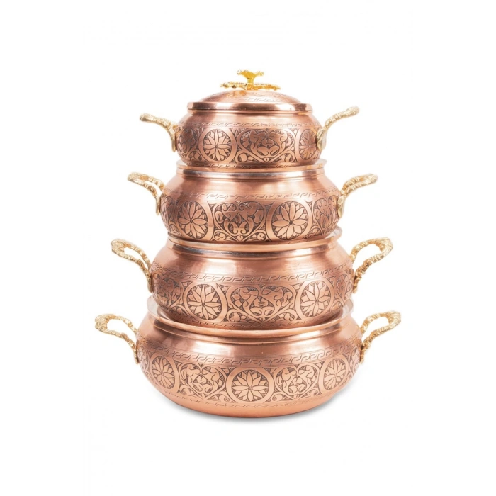 Coppergreat Bakır El Oyması Florium Mat Kırmızı Dörtlü Tencere Seti