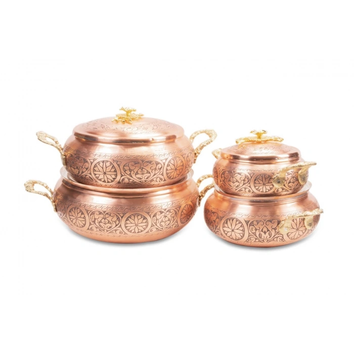 Coppergreat Bakır El Oyması Florium Mat Kırmızı Dörtlü Tencere Seti
