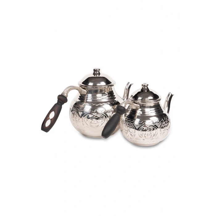 CopperGreat Bakır El Oyması Gümüş Renk Tombik Çaydanlık