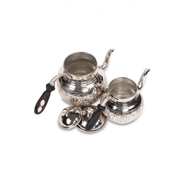 CopperGreat Bakır El Oyması Gümüş Renk Tombik Çaydanlık