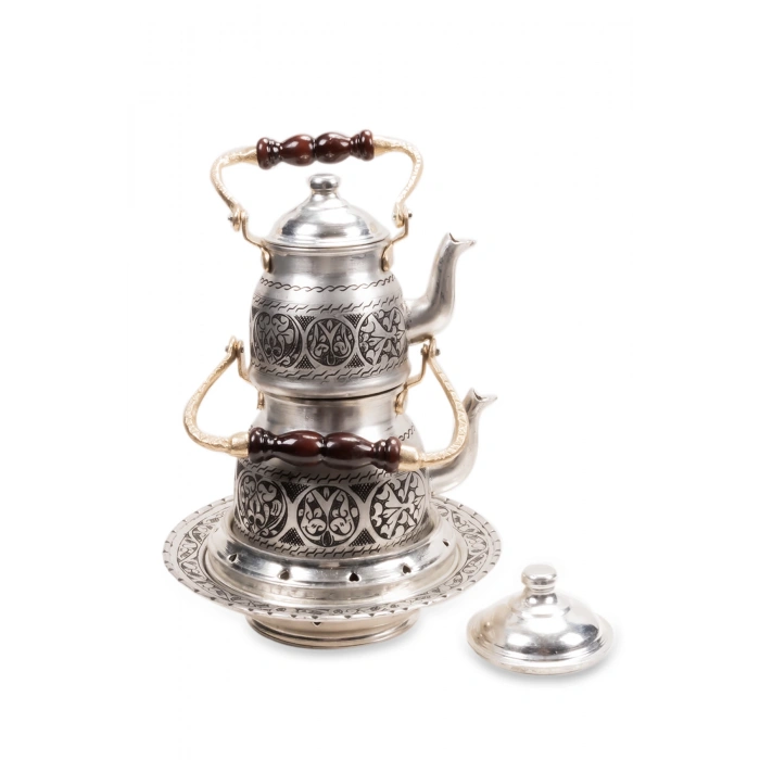 Coppergreat Bakır El Oyması Happyone Üstten Kulplu Gri Çaydanlık Seti