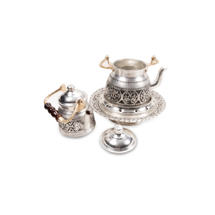 Coppergreat Bakır El Oyması Happyone Üstten Kulplu Gri Çaydanlık Seti