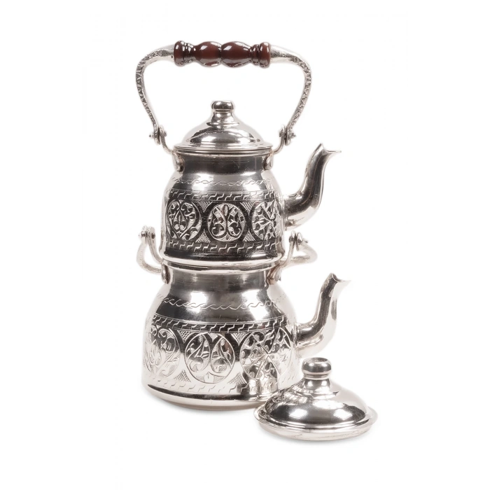 Coppergreat Bakır El Oyması Happyone Üstten Kulplu Gümüş Renk Çaydanlık