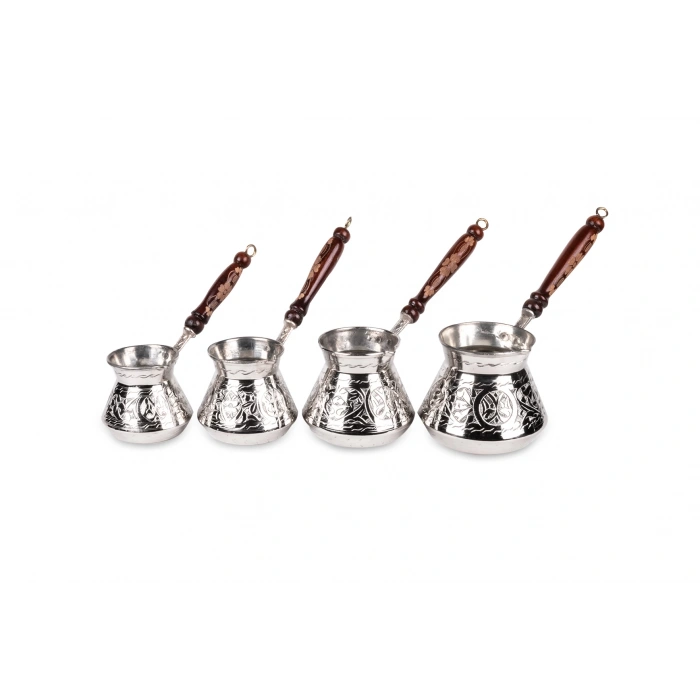 Coppergreat Bakır El Oyması Premium Gümüş Renk Kahve Cezvesi Seti