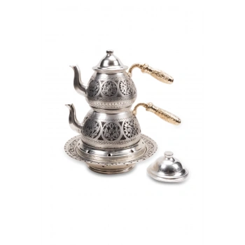 Coppergreat Bakır El Oyması Damla Model Sarı Kulplu Mat Beyaz Çaydanlık Seti