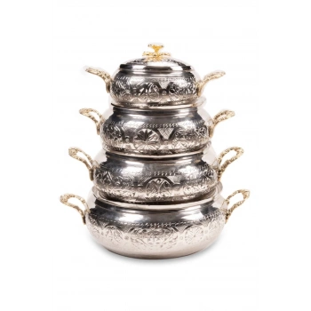 Coppergreat Bakır El Oyması Florium Gümüş Renk Dörtlü Tencere Seti