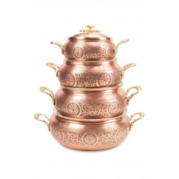 Coppergreat Bakır El Oyması Florium Mat Kırmızı Dörtlü Tencere Seti