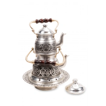 Coppergreat Bakır El Oyması Happyone Üstten Kulplu Gri Çaydanlık Seti