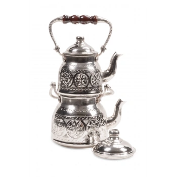 Coppergreat Bakır El Oyması Happyone Üstten Kulplu Gümüş Renk Çaydanlık