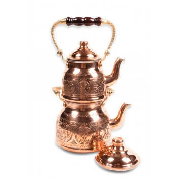 Coppergreat Bakır El Oyması Happyone Üstten Kulplu Kırmızı Çaydanlık