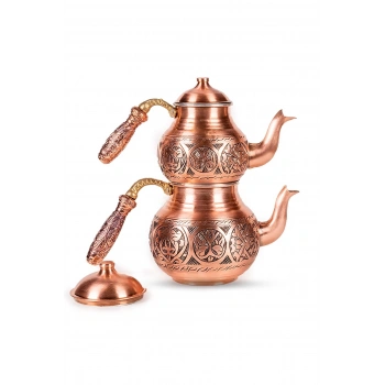 CopperGreat Bakır El Oyması Mat Kırmızı Tombik Çaydanlık