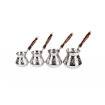 Coppergreat Bakır El Oyması Premium Gümüş Renk Kahve Cezvesi Seti