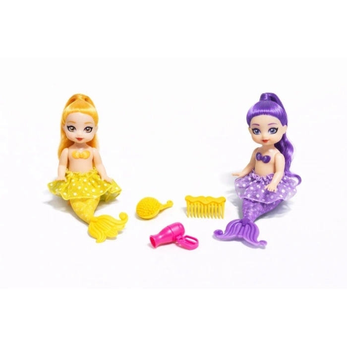 2li Deniz Kızı Bebek Seti - Hareketli Eklemler ve Aksesuarlı -Sarı & Mor