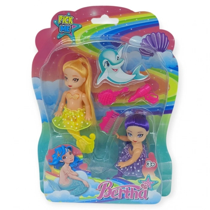 2li Deniz Kızı Bebek Seti - Hareketli Eklemler ve Aksesuarlı -Sarı & Mor