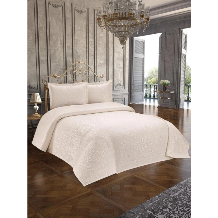 3 Parça Çift Kişilik Yatak Örtüsü Royal Ekru