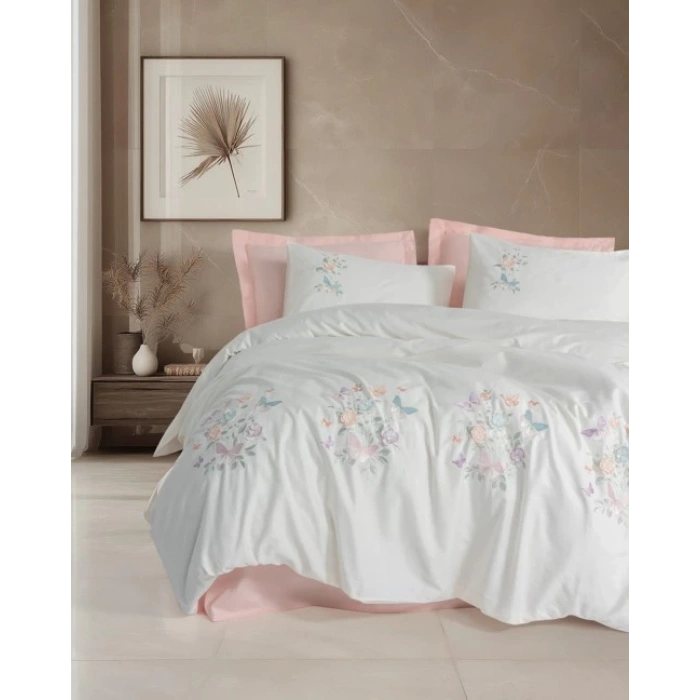 3D Nakışlı Çift Kişilik Saten Nev Takımı Liva Pudra