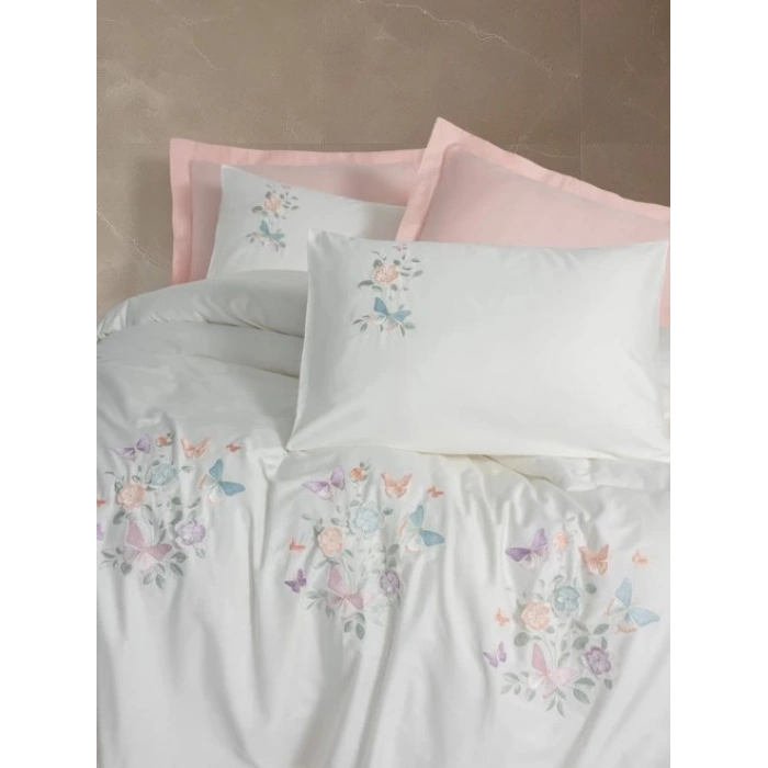 3D Nakışlı Çift Kişilik Saten Nev Takımı Liva Pudra