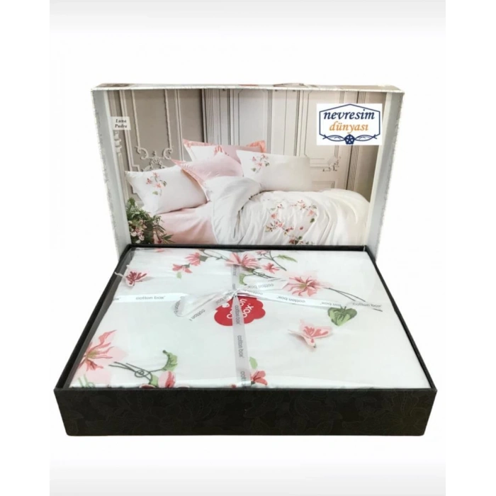 3D Nakışlı Çift Kişilik Saten Nev Takımı Luna Pudra