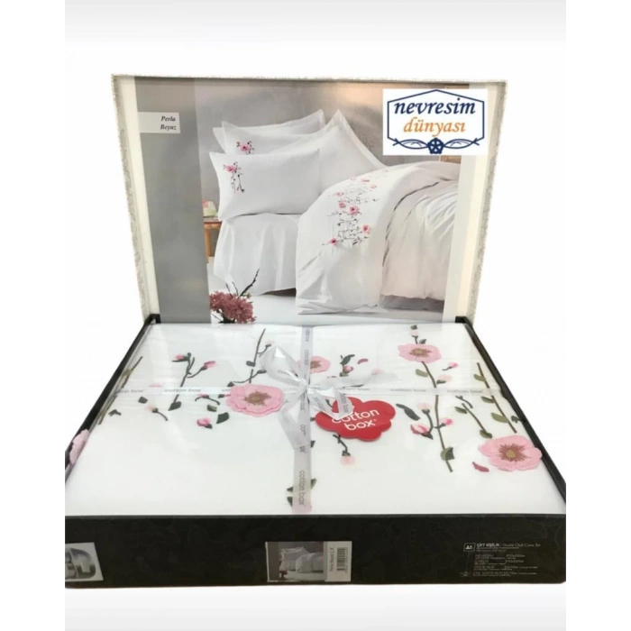 3D Nakışlı Çift Kişilik Saten Nev Takımı Perla Beyaz