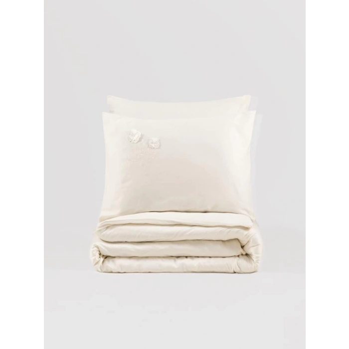 3D Nakışlı Çift Kişilik Saten Nev Takımı Pure Ekru