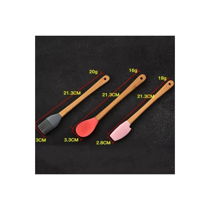 5&#39;li Renkli Ahşap Saplı Silikon Uçlu Spatula Fırçalı Kaşık Seti -Yemek Hazırlık Seti 21 Cm