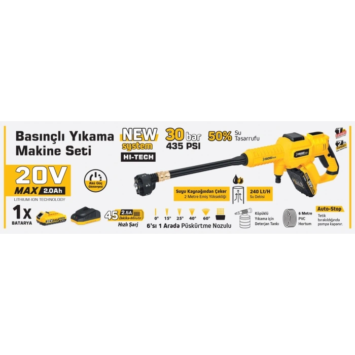 5410 Akülü Basınçlı Oto Araba Bahçe Yıkama Tabancası Seti 30 Bar