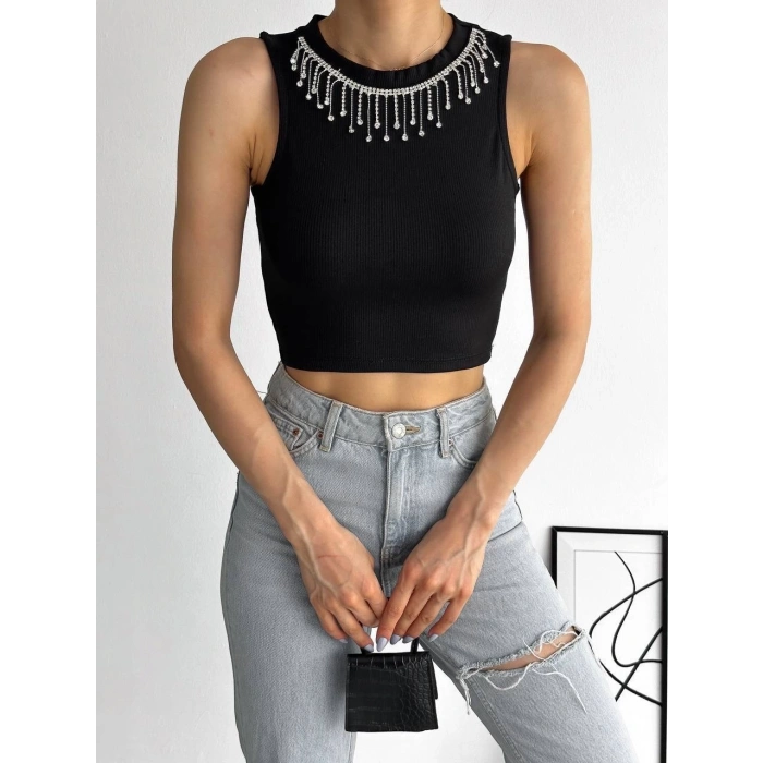 fitilli kaşkorse yakası zincirli atlet siyah