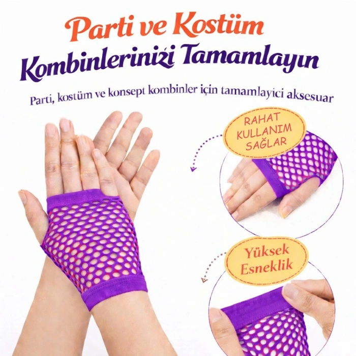 80’ler 90’lar Retro Mor File Parmaksız Kısa Eldiven 11 cm