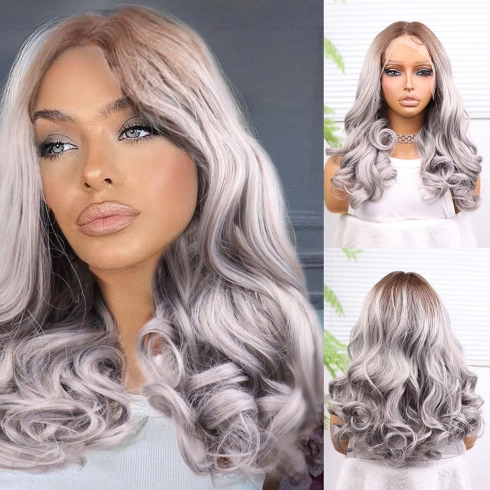 Açık Kumral Gri Ombreli Bebek Saçlı Geniş Dalgalı Fiber Sentetik Tül Peruk