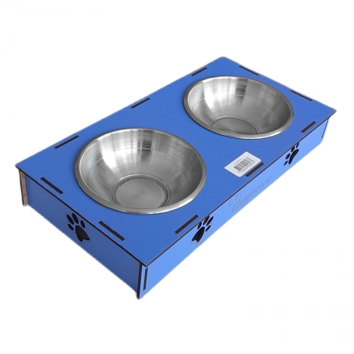 Ahşap Sehpalı İkili Devrilmez Kedi Köpek Su Ve  Kabı 34 cm - 300 ml Mavi