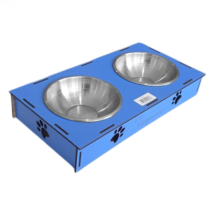 Ahşap Sehpalı İkili Devrilmez Kedi Köpek Su Ve  Kabı 34 cm - 300 ml Mavi