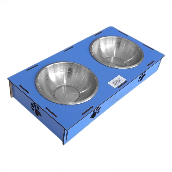 Ahşap Sehpalı İkili Devrilmez Kedi Köpek Su Ve  Kabı 34 cm - 300 ml Mavi
