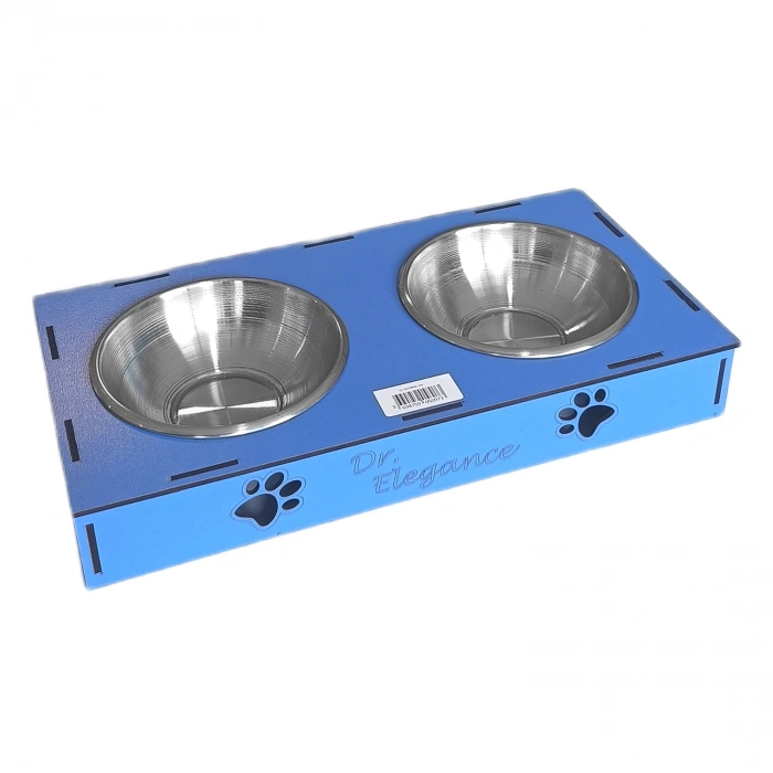 Ahşap Sehpalı İkili Devrilmez Kedi Köpek Su Ve  Kabı 34 cm - 300 ml Mavi