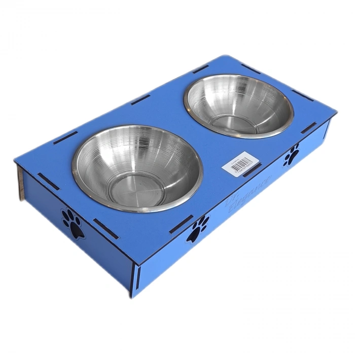 Ahşap Sehpalı İkili Devrilmez Kedi Köpek Su Ve  Kabı 34 cm - 300 ml Mavi