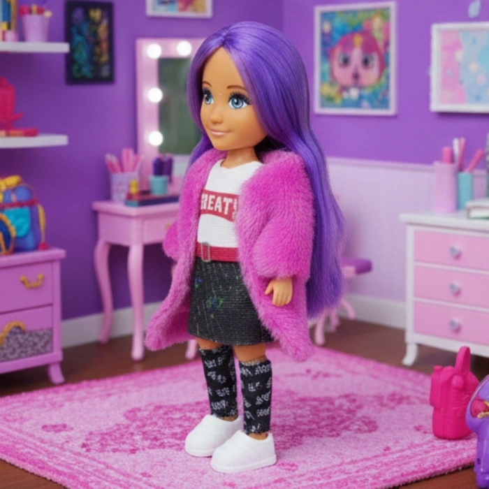 Ankiki Moda İkonu Bebek Figür 13 cm  - Mor Saçlı "Great" Stil (Etekli Kombin)