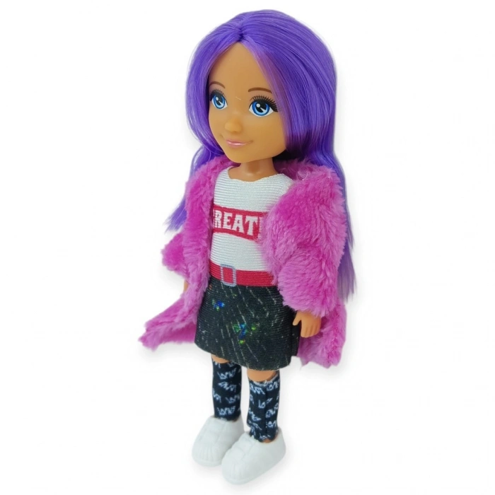 Ankiki Moda İkonu Bebek Figür 13 cm  - Mor Saçlı "Great" Stil (Etekli Kombin)
