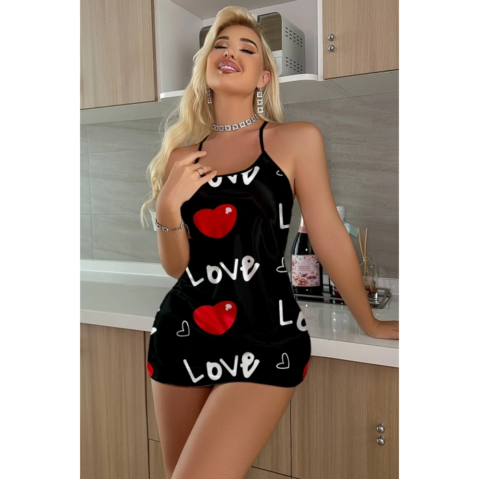 Ask Temalı Kalp Desenli  Saten