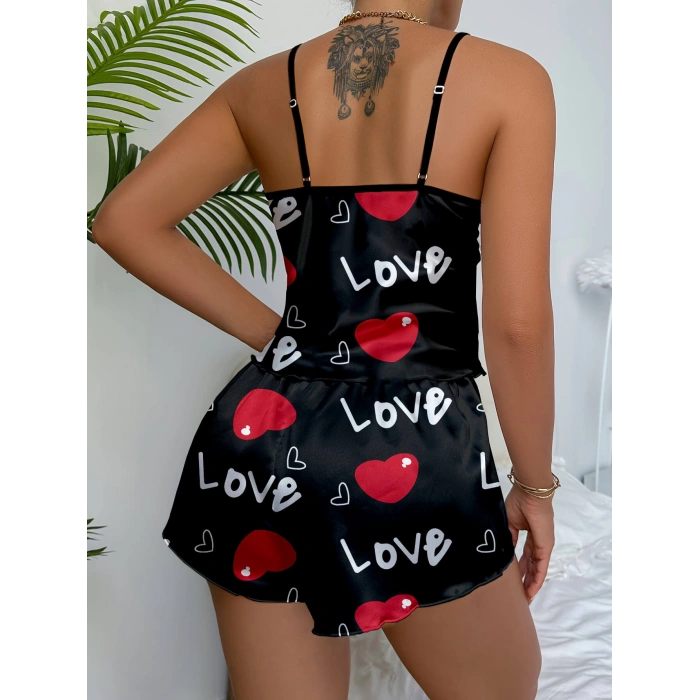 Ask Temalı Kalp Desenli  Saten Şortlu Gecelik