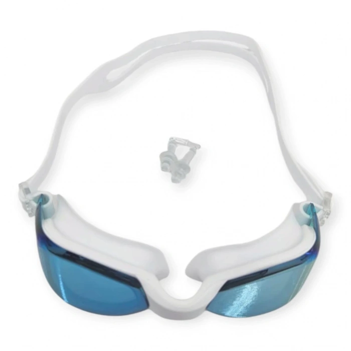Aynalı Yüzücü Gözlüğü Silikon Kulaklık Hediyeli  BEYAZ - 9009-M
