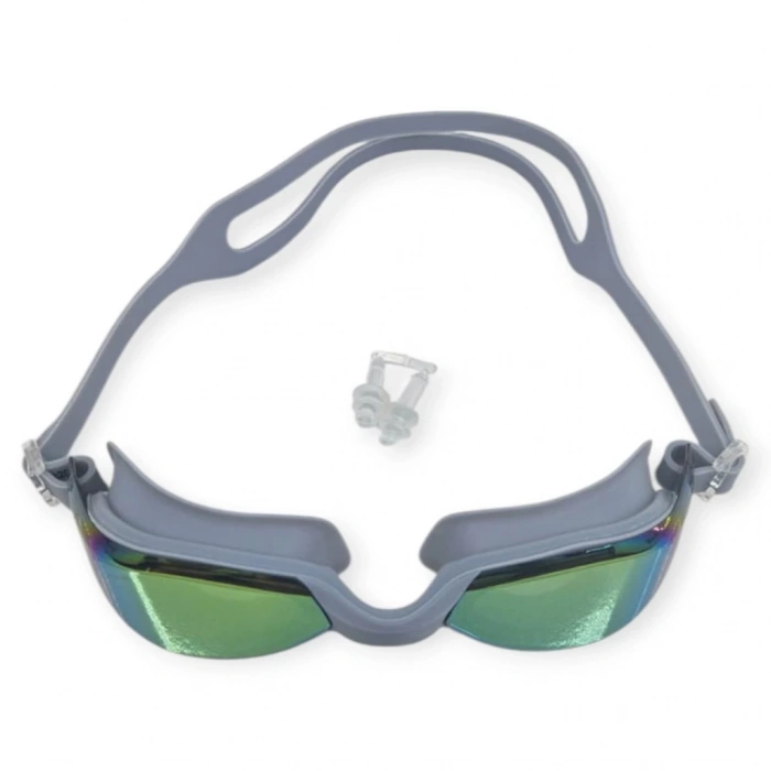 Aynalı Yüzücü Gözlüğü Silikon Kulaklık Hediyeli  GRİ - 9009-M