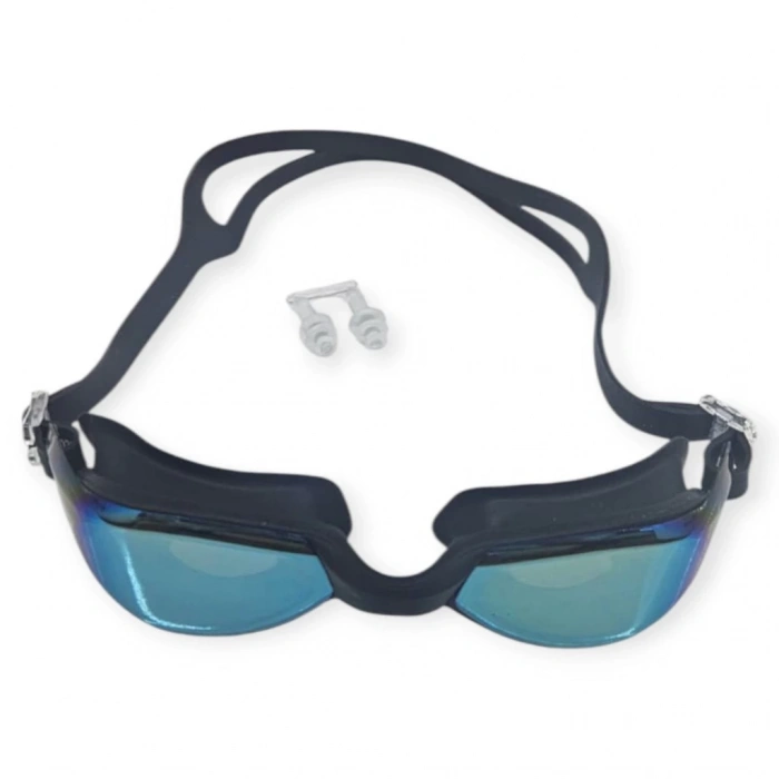 Aynalı Yüzücü Gözlüğü Silikon Kulaklık Hediyeli  SİYAH - 9009-M