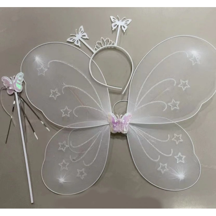 Beyaz Kelebek Kız Seti – 50 cm Kelebek Kanadı, Taç ve Asa