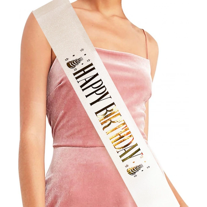 Beyaz Üzeri Altın Büyük Happy Birthday Yazılı Simli Işıltılı Kuşak Kemer 10 cm Genişlik